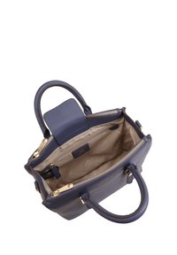 Navyblauwe leren handtas met gouden hardware, dubbele handgrepen en een beige interieur. Voorzien van ritssluiting en meerdere vakken aan de binnenkant.