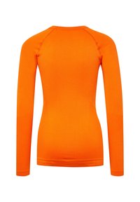 Langärmliges Sportoberteil in leuchtendem Orange, mit nahtlosem Design und figurbetonter Silhouette, gefertigt aus dehnbarem, strukturiertem Stoff.