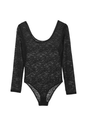 Body in pizzo nero con scollo a goccia e maniche lunghe, caratterizzato da un motivo floreale e un design aderente.