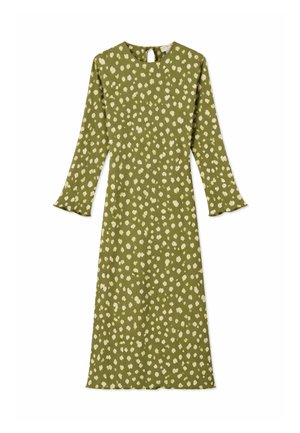 Φόρεμα μίντι με μακριά μανίκια σε ελιά πράσινο χρώμα, με μοτίβο από άσπρες ακανόνιστες τελίτσες και μικρό κούμπωμα με άνοιγμα στη ραχοκοκαλιά στο πίσω μέρος του λαιμού.