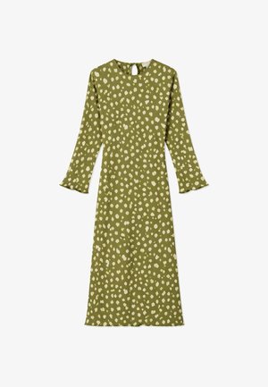 Φόρεμα μίντι με μακριά μανίκια σε ελιά πράσινο χρώμα, με μοτίβο από άσπρες ακανόνιστες τελίτσες και μικρό κούμπωμα με άνοιγμα στη ραχοκοκαλιά στο πίσω μέρος του λαιμού.