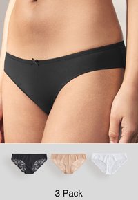 Braguita de bikini negra con borde de encaje, con un lazo central decorativo. Disponible en colores adicionales: nude y blanco. Presentación en pack de tres.