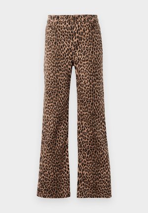Leopard print wide-leg pants in beige and black, featuring a smooth texture and tapered hem. Design with standard waistband and pockets.