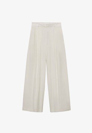 Pantalons à jambes larges en beige clair avec des rayures blanches verticales. Dotés d'une taille haute, d'un devant plissé et d'une texture lisse.