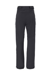 Zwarte waterdichte broek met een rechte snit, voorzien van een verstelbare tailleband, met ritssluitingen afsluitbare zakken aan de zijkanten en elastische boorden bij de enkels.