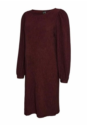 Burgundijska obleka z dolgimi rokavi, rebrasto teksturo, okroglim izrezom in napihnjenimi rokavi. Oblika je sproščena, do kolen, brez vzorcev.
