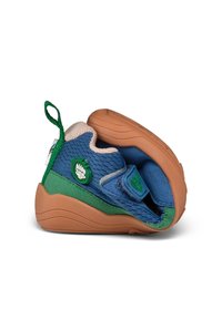 Children's shoes featuring a blue knit upper, green and tan accents, solid rubber sole, and a loop on the heel for easy slip-on.