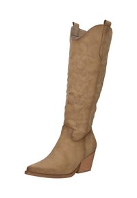 Bota cowboy de cuero marrón con punta afilada, costuras decorativas en el caña y un tacón en bloque. Cuenta con lengüetas para ponerlas fácilmente.
