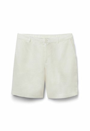 Hvide bomuldsshorts til knælængde med knaplukning, forlommer og bæltestropper, vist fladt på en hvid baggrund.