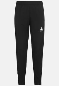 Pantalones deportivos negros con cintura elástica, piernas ajustadas, bolsillos laterales con cremallera y un logo blanco de Odlo en la parte delantera.