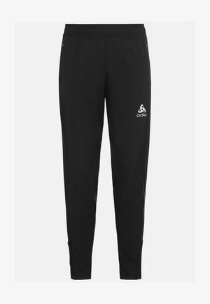 Black athletic pants with an elastic waistband, tapered legs, zippered side pockets, and a white Odlo logo on the front.