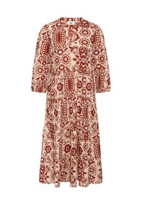 Long beige dress with red floral and geometric patterns, v-neckline, three-quarter sleeves, and a flared skirt. Lightweight fabric.