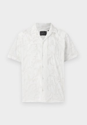 Hvit kortermet skjorte med delikat broderi av blad- og blomstermønster. Betydelige detaljer inkluderer en frontlukking med knapper og en krage.