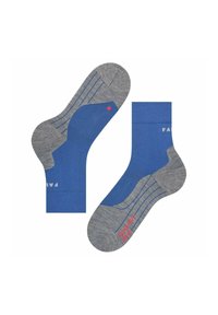 Blaue und graue Socken mit Rippdesign, kontrastierenden Farben und Text an den Seiten. Das Material wirkt weich mit einer strukturierten Oberfläche.