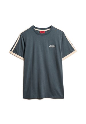 Maglietta in cotone blu scuro con accenti beige sulle maniche e sul colletto, con un piccolo logo sul petto. Design a maniche corte e colletto tondo.