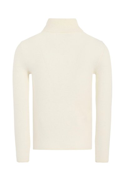 Maglione a collo alto color crema, con collo a costine, maniche aderenti, texture liscia, maglia leggera, design semplice, senza motivi o grafiche visibili.