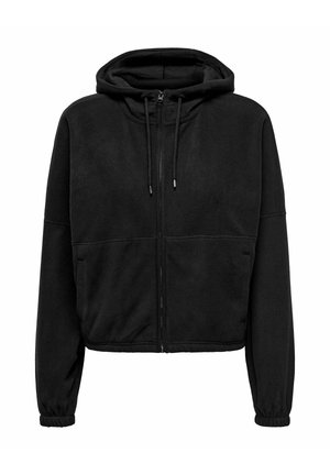 Sort cropped hoodie lavet af blødt fleece, med en frontlynlås, justerbar hætte med snøre og to forlommer.