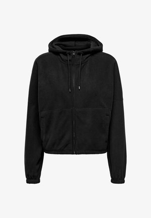 Zwarte cropped hoodie van zacht fleece, met een rits aan de voorkant, een verstelbare trekkoordkap en twee voorzakken.