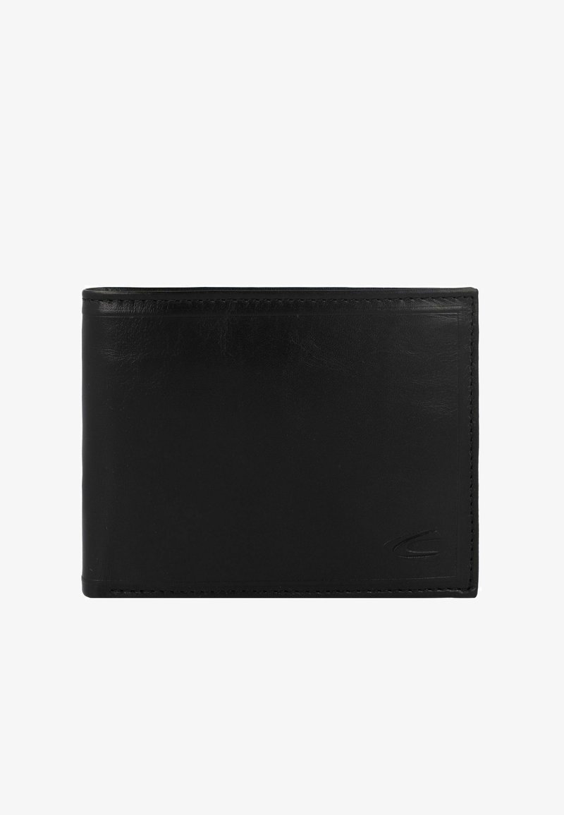 Schwarze Lederbörse, zweifach klappbares Design, glatte Textur, auffällige Nähte, geprägt Logo unten rechts, minimalistische und elegante Erscheinung.
