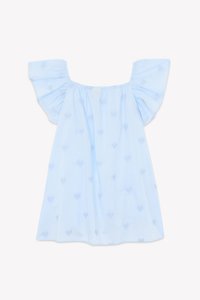 Light blue off-the-shoulder dress with ruffled sleeves, featuring an embroidered heart pattern throughout and a relaxed silhouette.