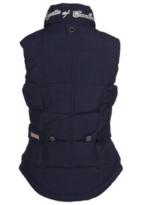 Granatowa pikowana kamizelka z wysokim kołnierzem, pikowanym wzorem, zatrzaskami oraz haftowanym logo przy szyi.