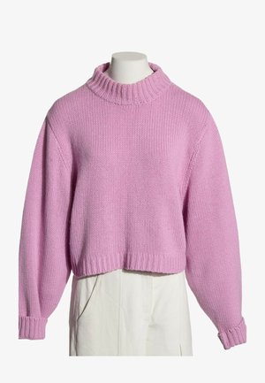 Jersey corto rosa de punto con mangas largas y cuello alto, puños y bajo acanalados, exhibido en un maniquí con pantalones blancos.