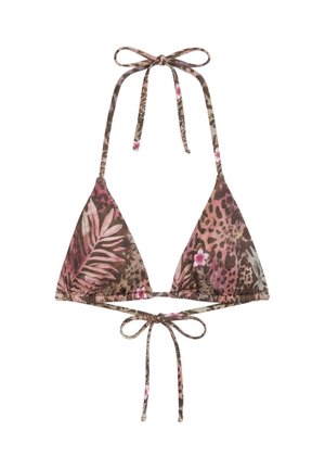 Trekantet bikini top med brun og pink tropisk blomster- og leopardprint, med bindebånd i nakke og ryg.