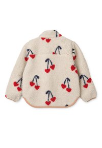 Flis jakna, kremna z rdečimi in mornarsko modrimi češnjevimi vzorci, mehka tekstura, zaobljen rob, brez gumbov, z ostrim ovratnikom.