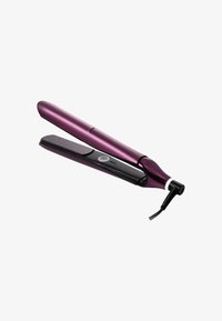 Haarstyler met een metallic paarse behuizing, gladde zwarte platen en een aan/uit-knop. Kenmerkt zich door een flexibele snoer voor gebruiksgemak.