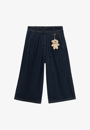 Dark blue denim wide-leg trousers with a high waist, featuring two front pockets and a teddy bear keychain attached to the waistband.