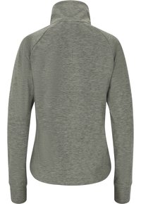Fleece pullover i en afdæmpet olivengrøn farve, med høj krave, lange ærmer og et blødt, struktureret stof med en glat overflade.