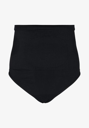 Højtaljede sorte shapewear med ribbet tekstur, glat finish og forstærkede områder for støtte, designet til en tætsiddende pasform.