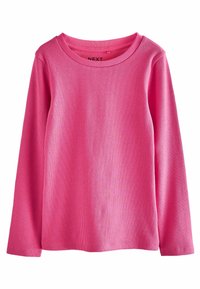 Różowa, długosleeve, prążkowana bluzka knit z okrągłym dekoltem, prostym dołem i subtelną teksturą.