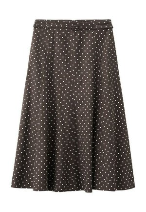 Falda marrón hasta la rodilla con lunares blancos, presenta una cintura ajustada y una ligera silueta en línea A.