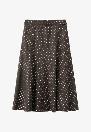 Falda marrón hasta la rodilla con lunares blancos, presenta una cintura ajustada y una ligera silueta en línea A.