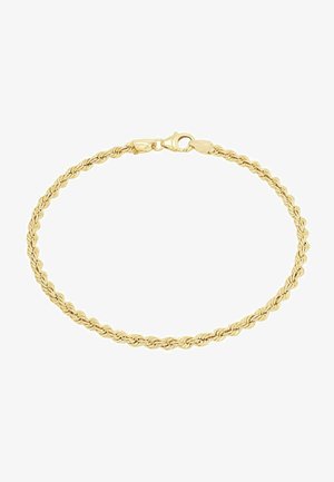 Pulsera de cadena dorada trenzada con cierre de broche. Presenta un diseño trenzado, textura suave y un acabado brillante.