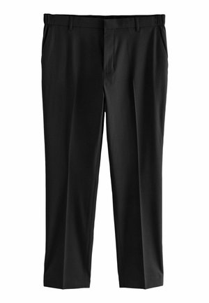 Pantalones negros de tejido liso, diseño de pierna recta, frente plano y presillas para cinturón. Presentan un pliegue sutil a lo largo de cada pierna.