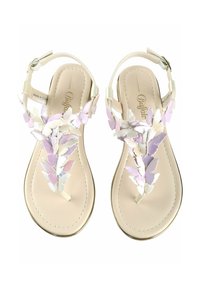 Sandales à lanières avec un design floral de papillon en blanc, rose et lavande sur une semelle beige, dotées d'une fine bride à la cheville et d'une boucle.