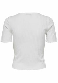 White ribbed fitted top with short sleeves and a rounded neckline. Textured fabric with a slightly frayed hem detailing.