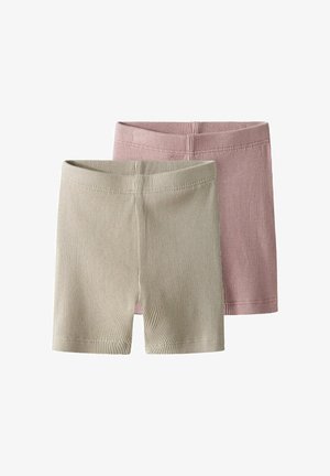 Dos pares de pantalones cortos de canalé: uno en verde claro y otro en rosa claro. Presenta una cinturilla elástica y una textura suave.