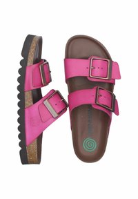 Sandali rosa realizzati in materiale sintetico, dotati di due strap regolabili con fibbie metalliche, una suola testurizzata e un sottopiede in sughero.