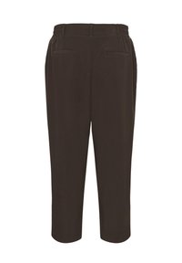 Bruine, elastische taillebandbroeken met een recht gesneden ontwerp, cropped lengte en twee achterzakken. Glad stoftextuur.