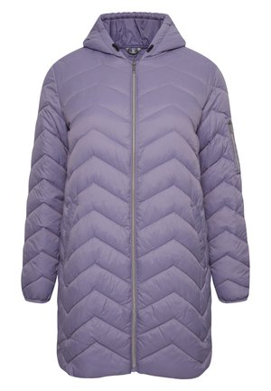 Puffer coat in light purple with a chevron pattern, front zipper, and a hood. Features side pockets and a zippered sleeve pocket.