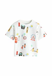 Tricou alb pentru copii cu ilustrații colorate tematic Londra, inclusiv Big Ben, taxi negru, autobuz roșu etajat, London Eye și gărzi regale.