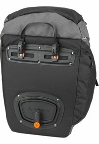 Borsa da manubrio per bicicletta nera e grigia, con una maniglia superiore, connettori regolabili e base impermeabile, dotata di logo e dettagli arancioni.