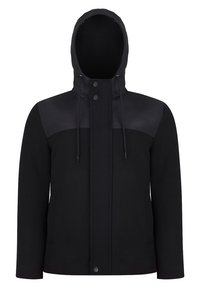 Czarna kurtka z kapturem, charakteryzująca się gładką górną częścią i teksturowanym dolnym materiałem, z zapięciem na zatrzaski i regulowanymi sznurkami.