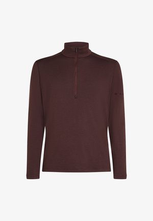 Langærmet pullover med lynlås i mørk burgunder. Fremstillet af glat, struktureret stof uden mønstre. Har et lille logo på ærmet.