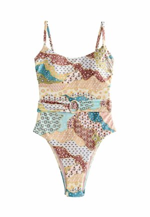 Costum de baie întreg cu bretele ajustabile, cataramă la talie și modele abstracte florale și geometrice multicolore.