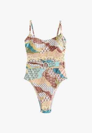 Costum de baie întreg cu bretele ajustabile, cataramă la talie și modele abstracte florale și geometrice multicolore.