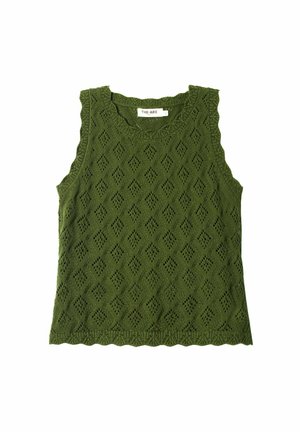 Olivgrünes ärmelloses Oberteil mit einem strukturierten Rautenmuster, gewellten Kanten und einem runden Ausschnitt. Hergestellt aus Strickstoff.